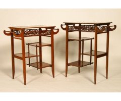 Heals of London. A matched pair of Anglo-Japanese walnut 'Pagoda' side tables - Thumbnail 1