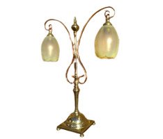 WAS Benson. A beautiful Arts and Crafts copper and brass twin arm table light with original heavy Vaseline Powell shades - Thumbnail 1