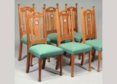 J S Henry (possibly). A set of six Arts and Crafts oak and inlaid dining chairs - Thumbnail 1