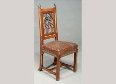 A Gothic Revival painted, carved and pierced oak side chair, possibly designed by William Burgess - Thumbnail 1