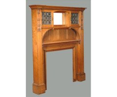 Wylie and Lochhead. A carved oak, mirrored and leaded glass mantelpiece - Thumbnail 1