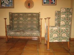 J S Henry (attributed). An oak and inlaid sofa and armchair - Thumbnail 1