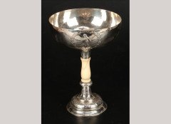 Birmingham Guild of Handicraft. A hammered silver and turned ivory skiing trophy - Thumbnail 1