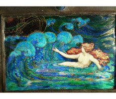 A well executed Arts and Crafts enamelled wall plaque with a Mermaid beckoning a ship - Thumbnail 2