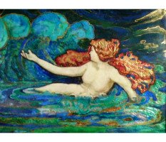 A well executed Arts and Crafts enamelled wall plaque with a Mermaid beckoning a ship - Thumbnail 3