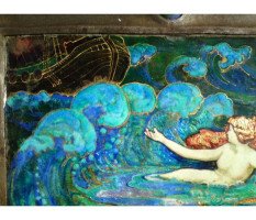 A well executed Arts and Crafts enamelled wall plaque with a Mermaid beckoning a ship - Thumbnail 4