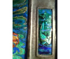 A well executed Arts and Crafts enamelled wall plaque with a Mermaid beckoning a ship - Thumbnail 6