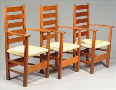 M H Baillie Scott for J P White of Bedford. A set of four oak ladderback armchairs - Thumbnail 2