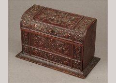 An Arts and Crafts oak and embossed patinated brass stationery box - Thumbnail 1