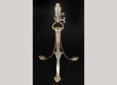 Arthur Dixon for Birmingham Guild of Handicraft. An electro-plated and satin finish vaseline glass adjustable table lamp - Thumbnail 1
