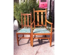 A set of four Arts and Crafts oak dining chairs covered in Morris and Co fabric - Thumbnail 2