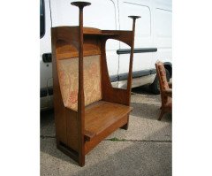 Liberty and Co. An Arts and Crafts oak settle with fabric of The Silver Studio's - Thumbnail 2