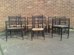 Liberty and Co. A set of Aesthetic Movement ebonised chairs after designs by Ford Maddox Brown with a Moresque style. - Thumbnail 2