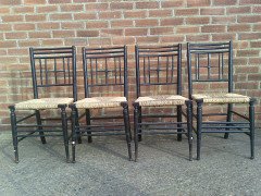 Liberty and Co. A set of Aesthetic Movement ebonised chairs after designs by Ford Maddox Brown with a Moresque style. - Thumbnail 4