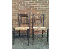 Liberty and Co. A set of Aesthetic Movement ebonised chairs after designs by Ford Maddox Brown with a Moresque style. - Thumbnail 5